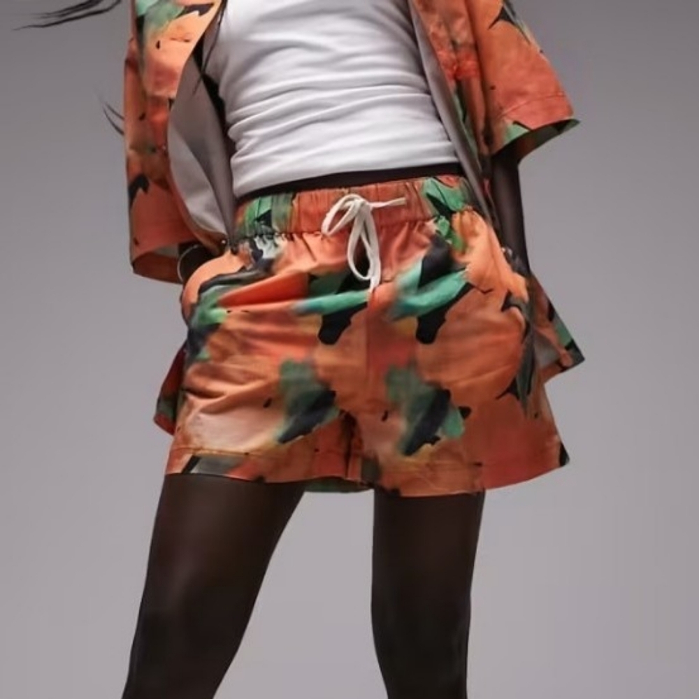 Topshop Co-ord Orange Print Short in Orange Medium Cotton High Rise Vacation